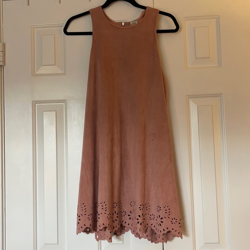 Paper Crane blush Sleeveless Racerback fit and flare Faux Suede Back Zip Dress
